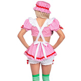 Close back view of pink gingham strawberry girl costume with crop top and bonnet - Golddiggers Boutique