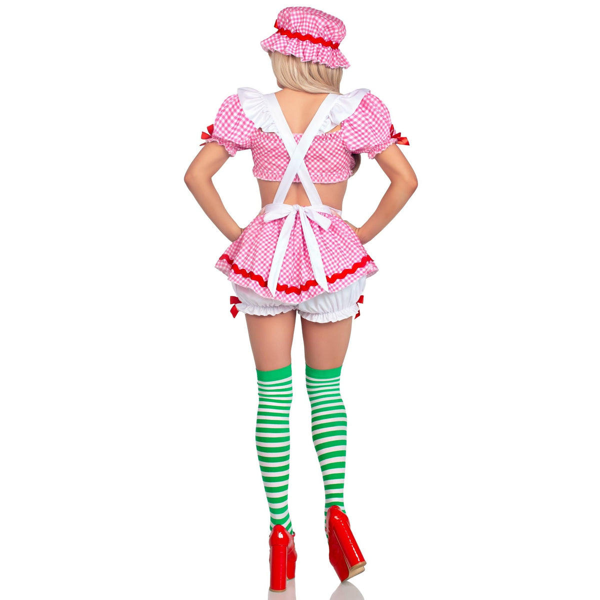 Back view of pink gingham strawberry girl costume with crop top and bonnet - Golddiggers Boutique