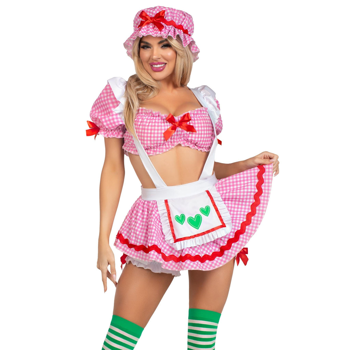 Close front view of pink gingham strawberry girl costume with crop top and bonnet - Golddiggers Boutique