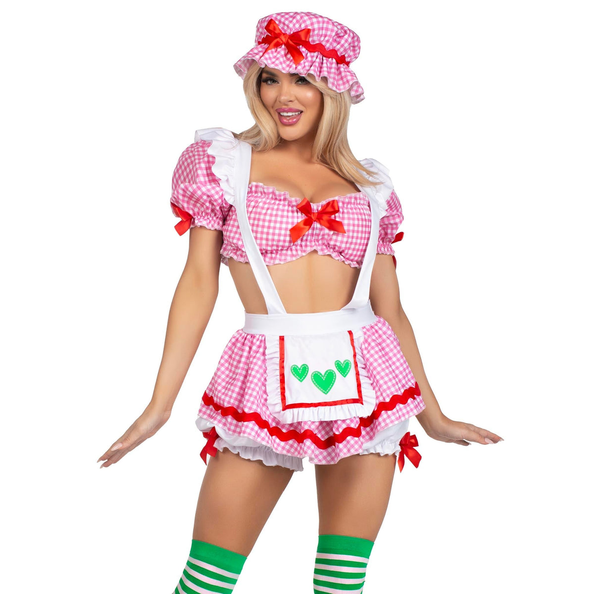 Close front pose of pink gingham strawberry girl costume with crop top and bonnet - Golddiggers Boutique