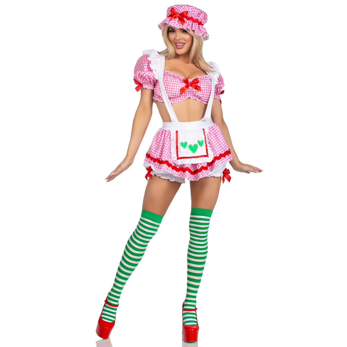 Front pose of pink gingham strawberry girl costume with crop top and bonnet - Golddiggers Boutique
