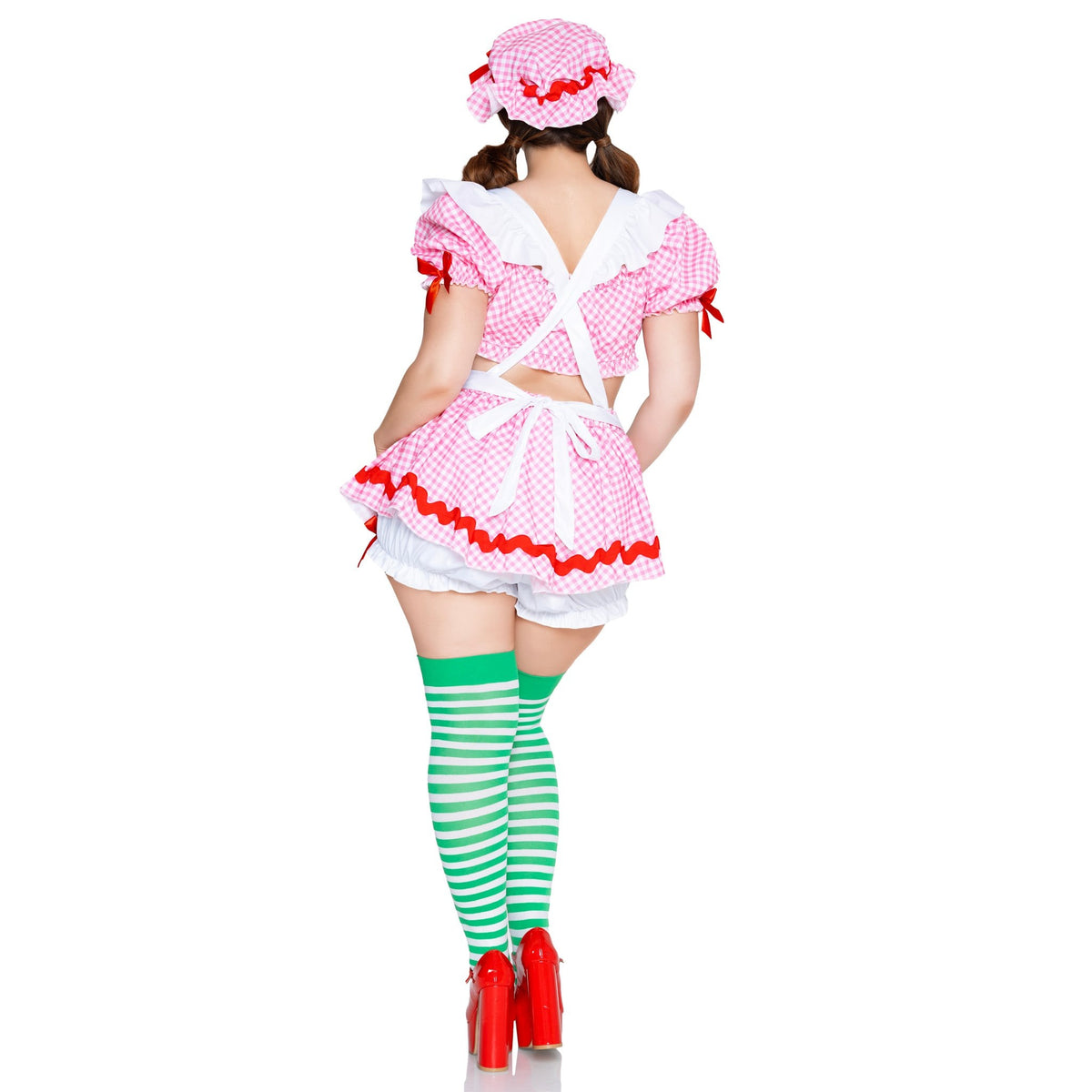 Back view of plus size pink gingham strawberry girl costume with crop top and bonnet - Golddiggers Boutique