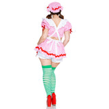 Back view of plus size pink gingham strawberry girl costume with crop top and bonnet - Golddiggers Boutique