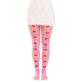 Front view of pink striped net tights with keyholes and mini bows - Golddiggers Boutique