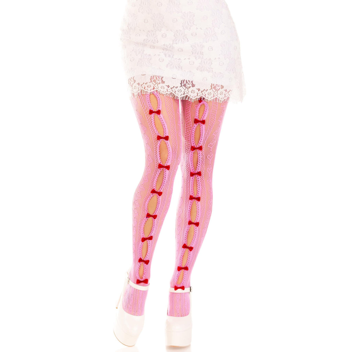 Front view of pink striped net tights with keyholes and mini bows - Golddiggers Boutique