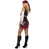 Back view of pirate costume with peasant crop top and flag skirt shorts - Golddiggers Boutique
