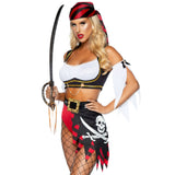 Close front pose of pirate costume with peasant crop top and flag skirt shorts - Golddiggers Boutique