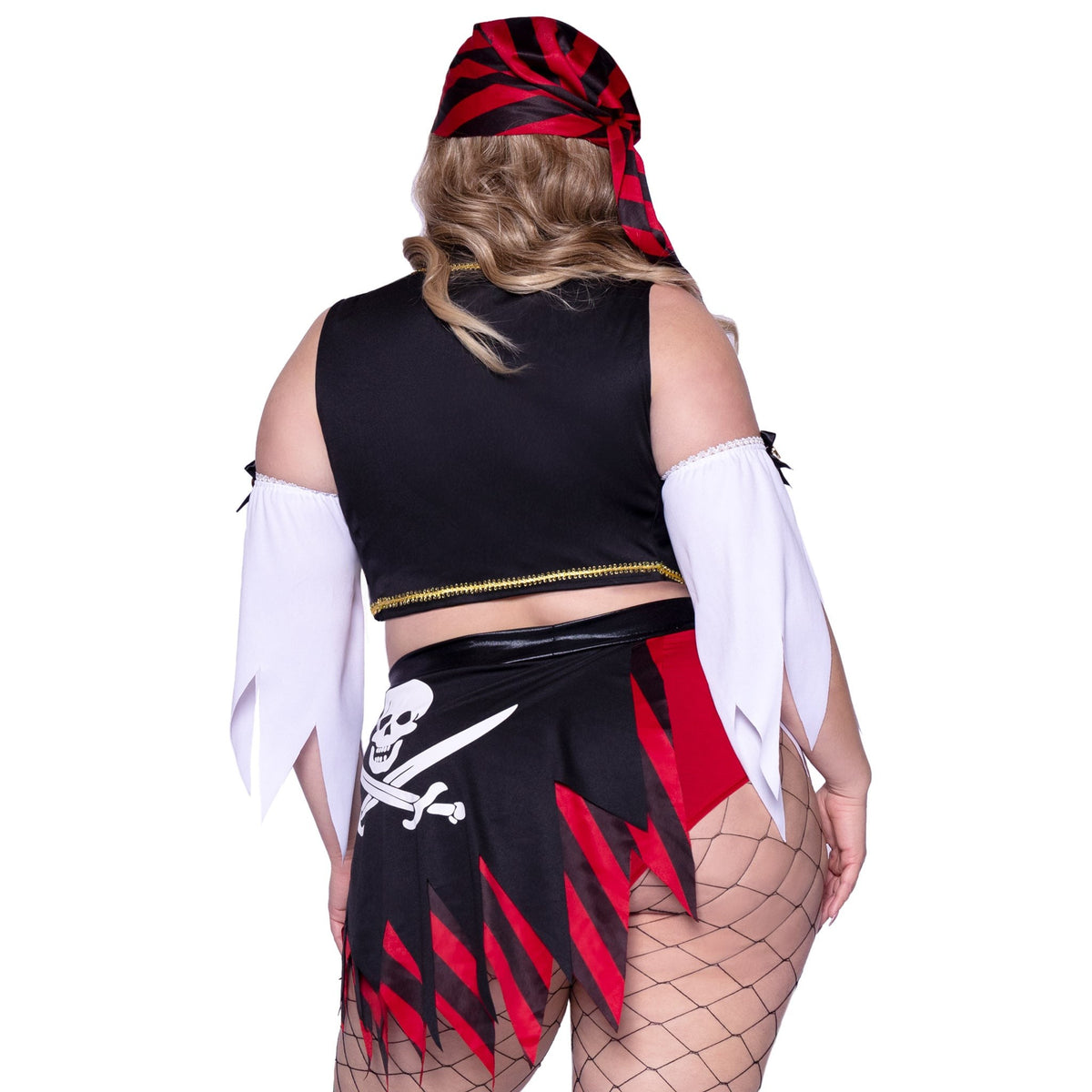 Close back view of plus size pirate costume with peasant crop top and flag skirt shorts - Golddiggers Boutique