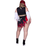 Back view of plus size pirate costume with peasant crop top and flag skirt shorts - Golddiggers Boutique