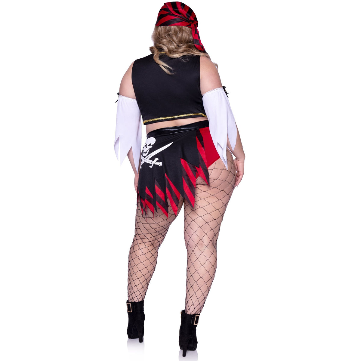 Back view of plus size pirate costume with peasant crop top and flag skirt shorts - Golddiggers Boutique