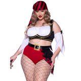 Close front view of plus size pirate costume with peasant crop top and flag skirt shorts - Golddiggers Boutique