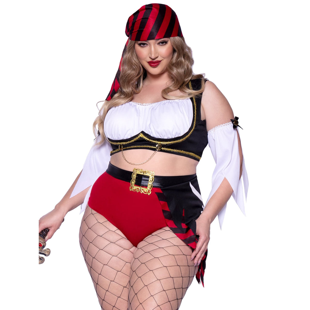 Close front view of plus size pirate costume with peasant crop top and flag skirt shorts - Golddiggers Boutique