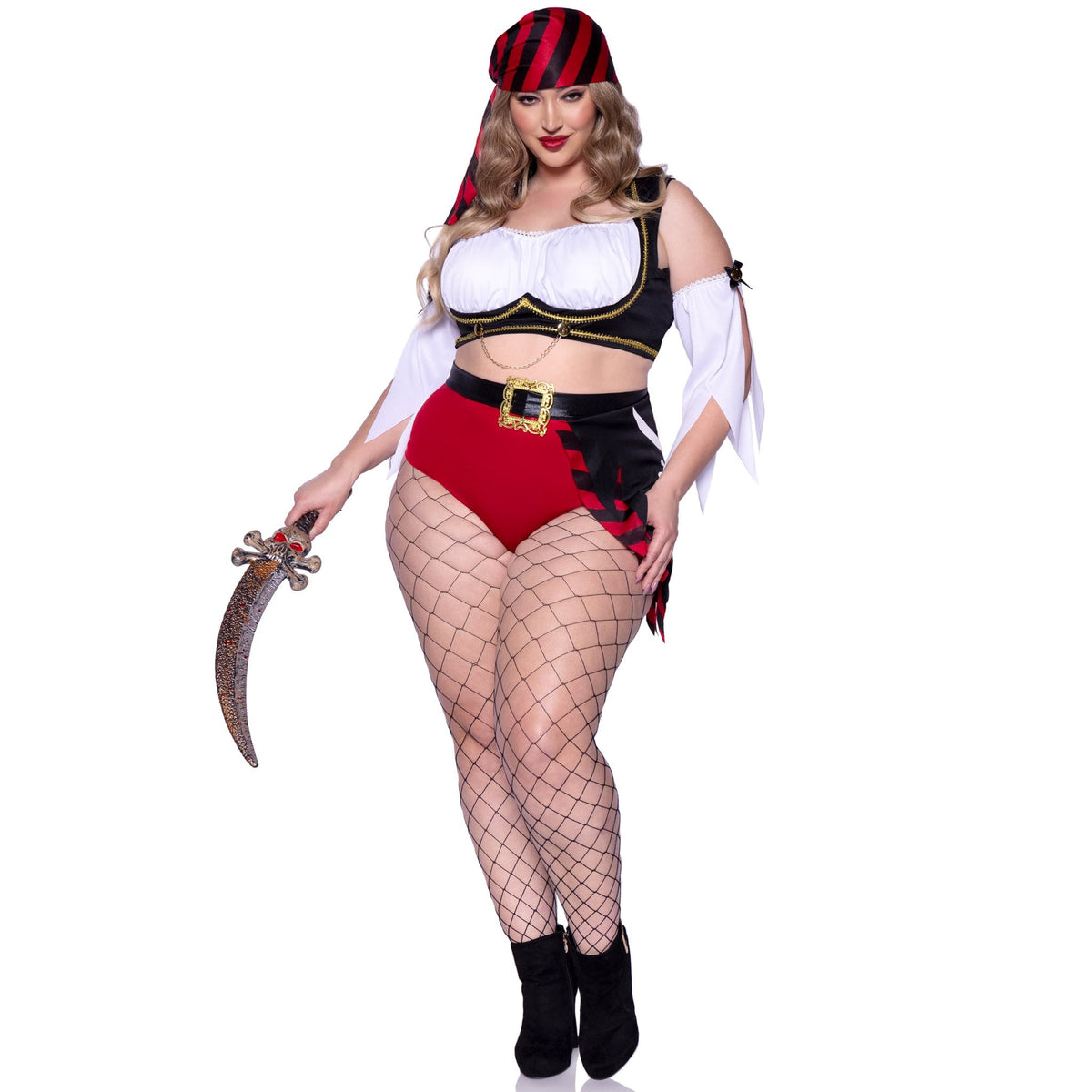 Front view of plus size pirate costume with peasant crop top and flag skirt shorts - Golddiggers Boutique
