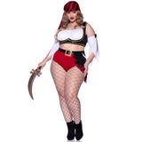 Front view of plus size pirate costume with peasant crop top and flag skirt shorts - Golddiggers Boutique