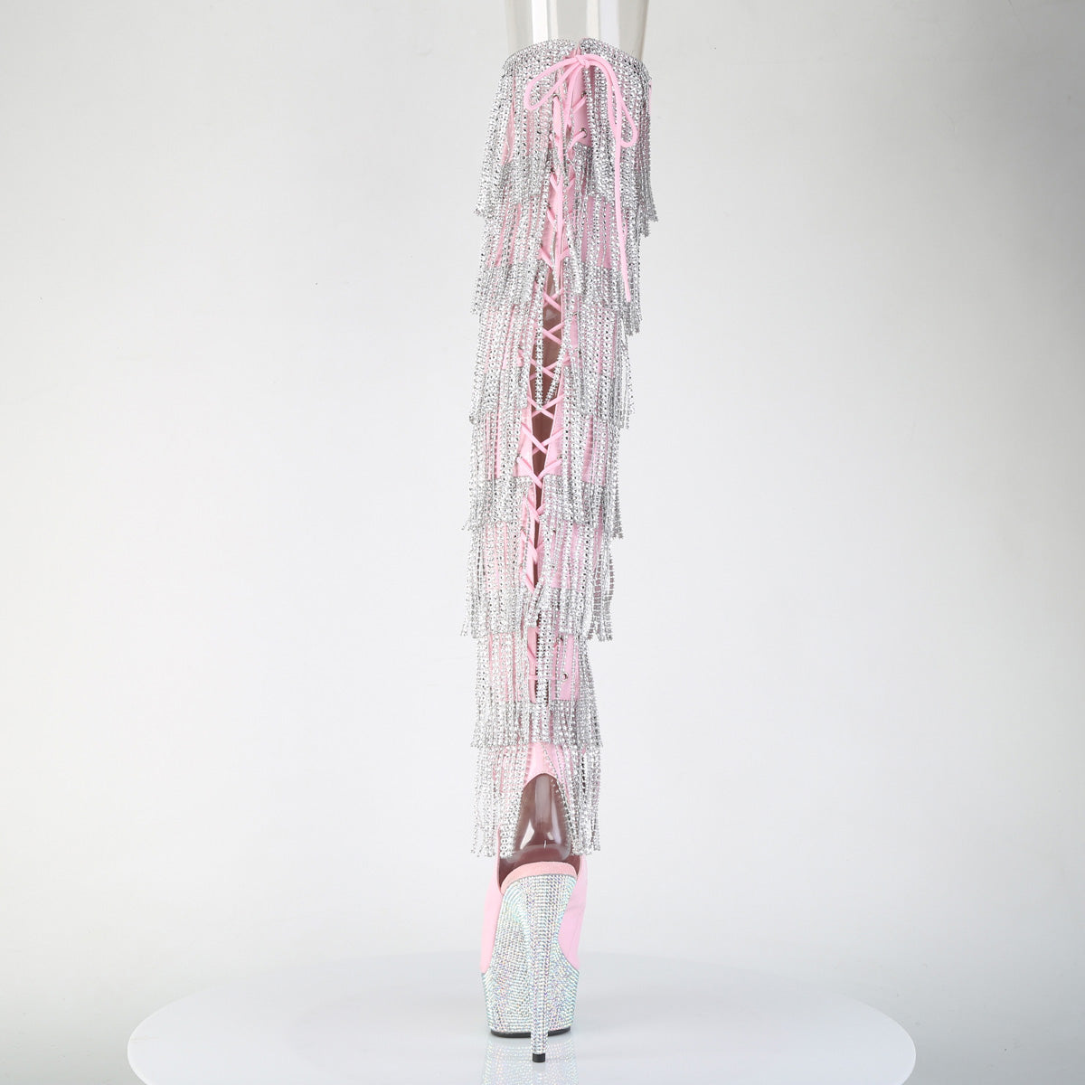 Pleaser 6 inch baby pink hologram rhinestone fringe lace-up platform thigh high boot, back view of the heel