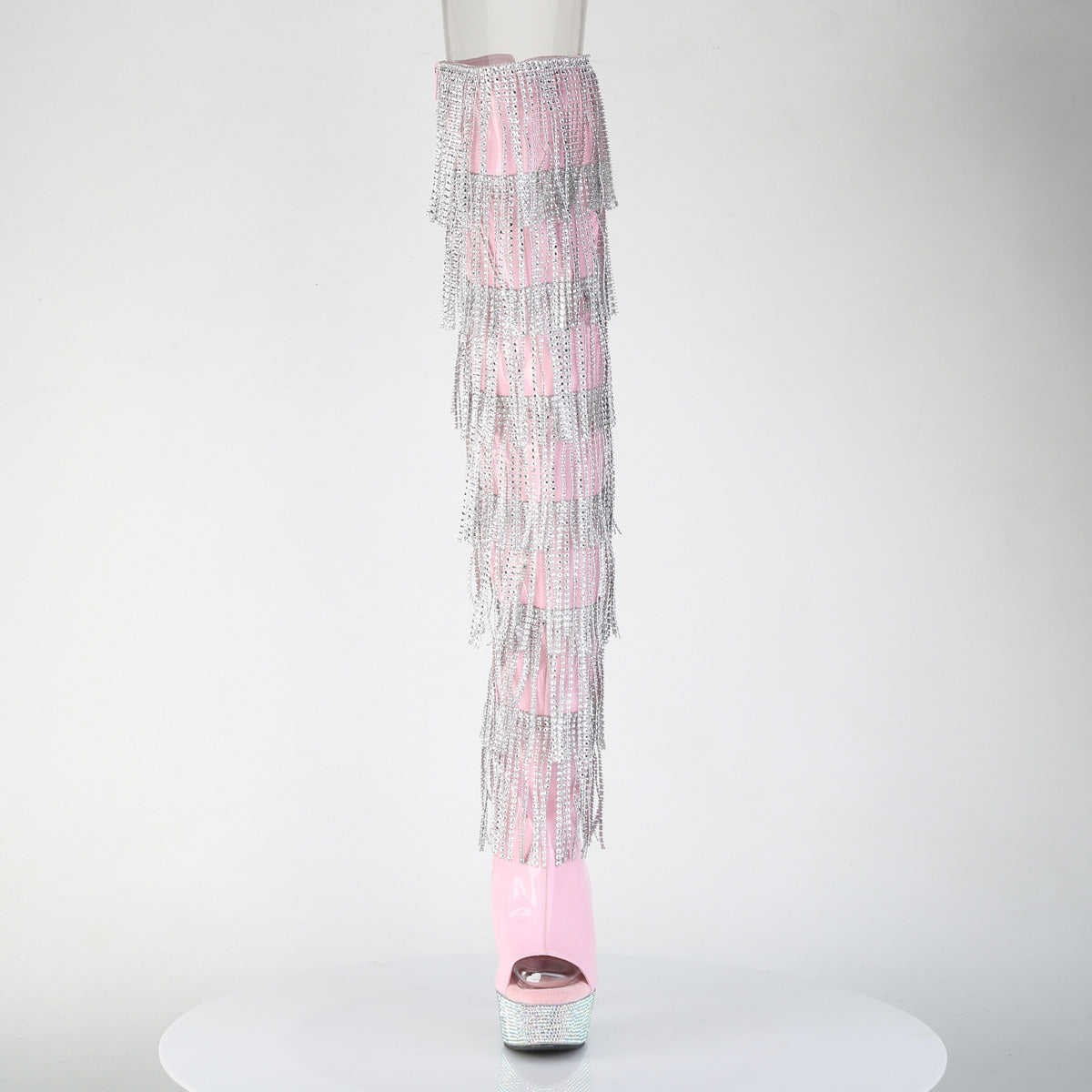 Pleaser 6 inch baby pink hologram rhinestone fringe lace-up platform thigh high boot, front view