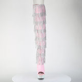 Pleaser 6 inch baby pink hologram rhinestone fringe lace-up platform thigh high boot, front view