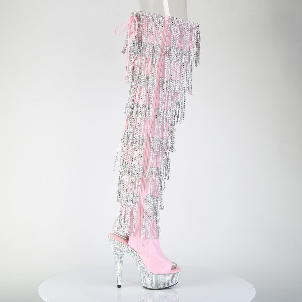 Pleaser 6 inch baby pink hologram rhinestone fringe lace-up platform thigh high boot, inside view