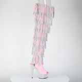 Pleaser 6 inch baby pink hologram rhinestone fringe lace-up platform thigh high boot, inside view