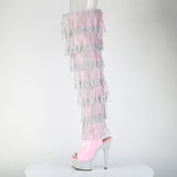 Pleaser 6 inch baby pink hologram rhinestone fringe lace-up platform thigh high boot, side view of the rhinestone platform and heel