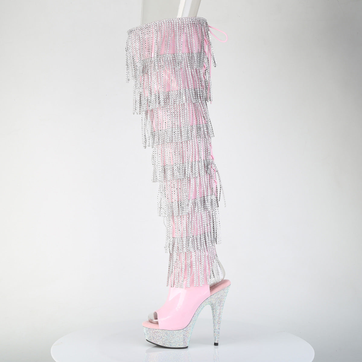 Pleaser 6 inch baby pink hologram rhinestone fringe lace-up platform thigh high boot, side view of the rhinestone platform and heel
