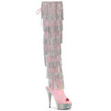 Pleaser 6 inch baby pink hologram rhinestone fringe lace-up platform thigh high boot, three-quarter view on white