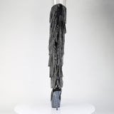 Pleaser 6 inch black hologram rhinestone fringe lace-up platform thigh high boot, back view of the heel