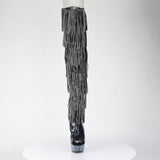 Pleaser 6 inch black hologram rhinestone fringe lace-up platform thigh high boot, front view