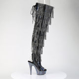 Pleaser 6 inch black hologram rhinestone fringe lace-up platform thigh high boot, inside view