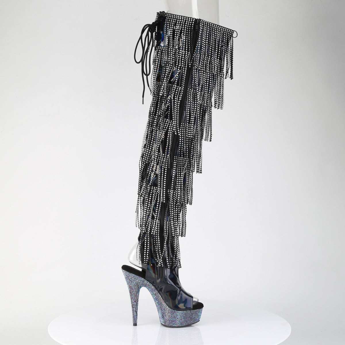 Pleaser 6 inch black hologram rhinestone fringe lace-up platform thigh high boot, inside view
