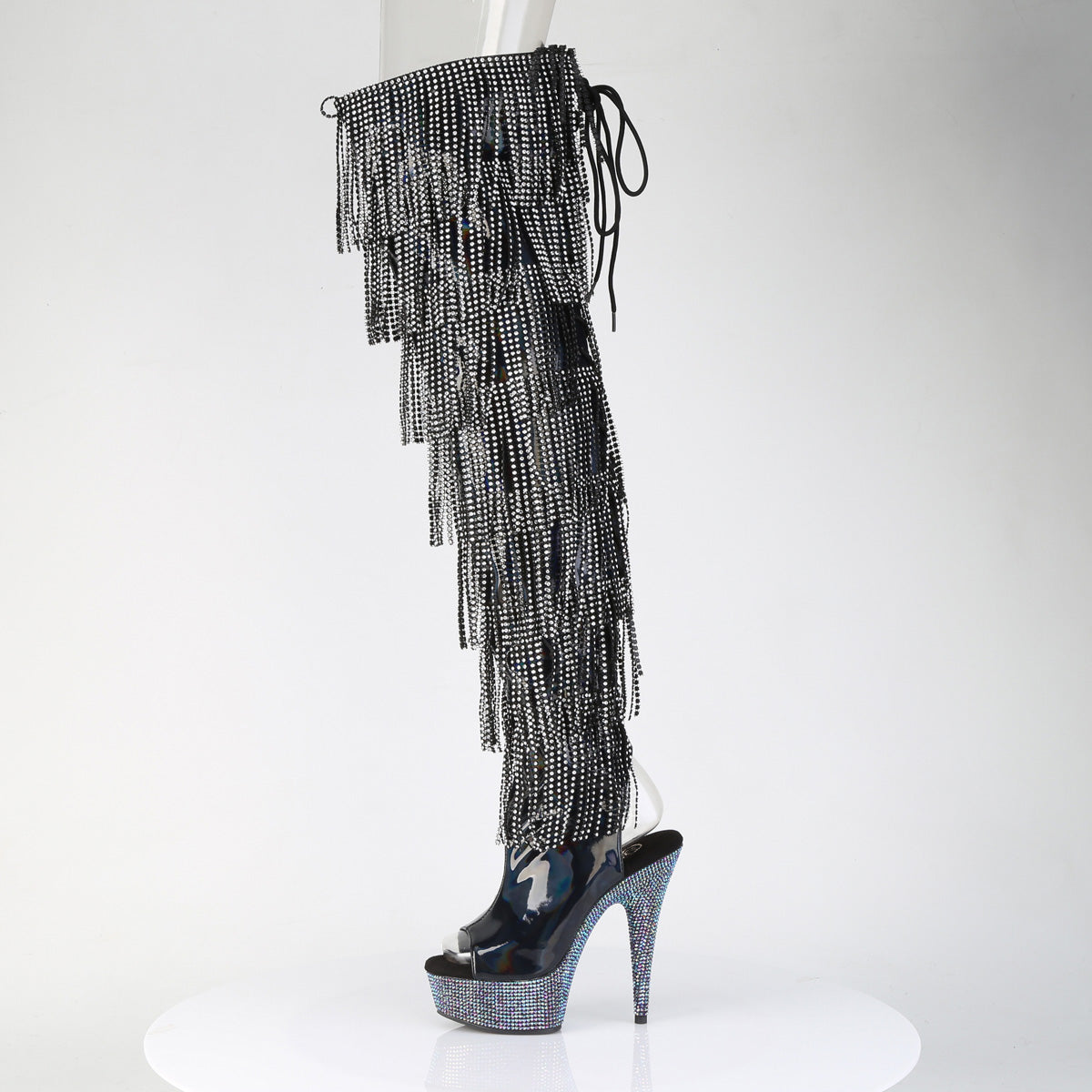 Pleaser 6 inch black hologram rhinestone fringe lace-up platform thigh high boot, side view of the rhinestone platform and heel