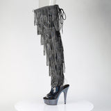 Pleaser 6 inch black hologram rhinestone fringe lace-up platform thigh high boot, side view of the rhinestone platform and heel