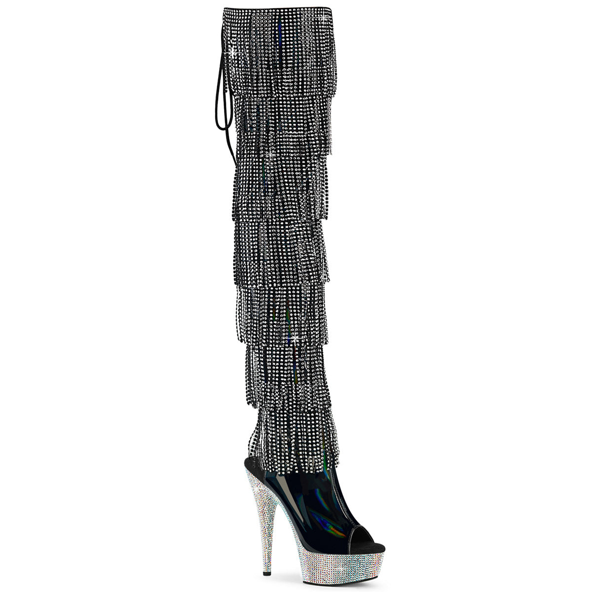 Pleaser 6 inch black hologram rhinestone fringe lace-up platform thigh high boot, three-quarter view on white