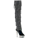 Pleaser 6 inch black hologram rhinestone fringe lace-up platform thigh high boot, three-quarter view on white