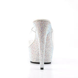 Pleaser 6 inch clear silver rhinestone platform slide, back view of the heel