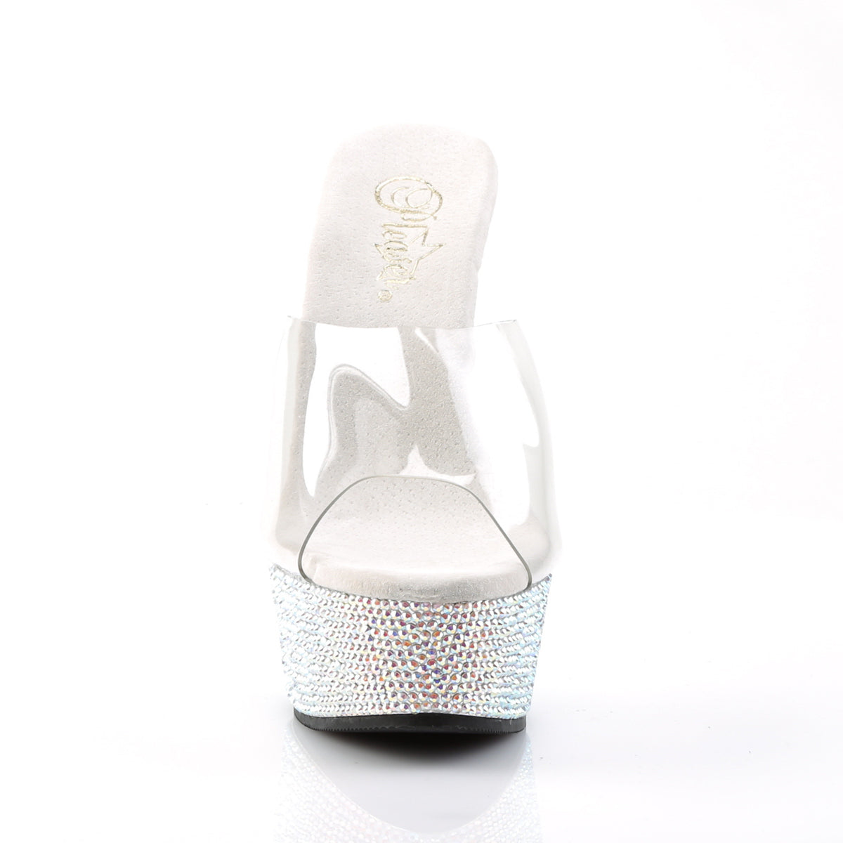 Pleaser 6 inch clear silver rhinestone platform slide, front view