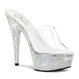 Pleaser 6 inch clear silver rhinestone platform slide, three-quarter view on white