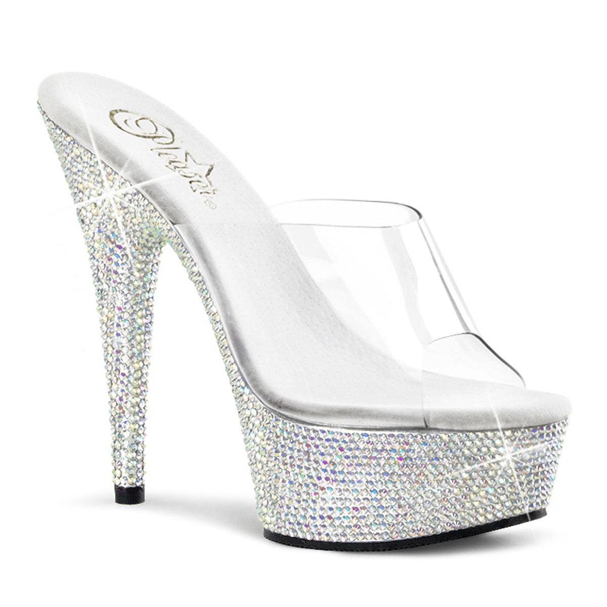 Pleaser 6 inch clear silver rhinestone platform slide, three-quarter view on white