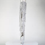 Pleaser 6 inch silver hologram rhinestone fringe lace-up platform thigh high boot, back view of the heel