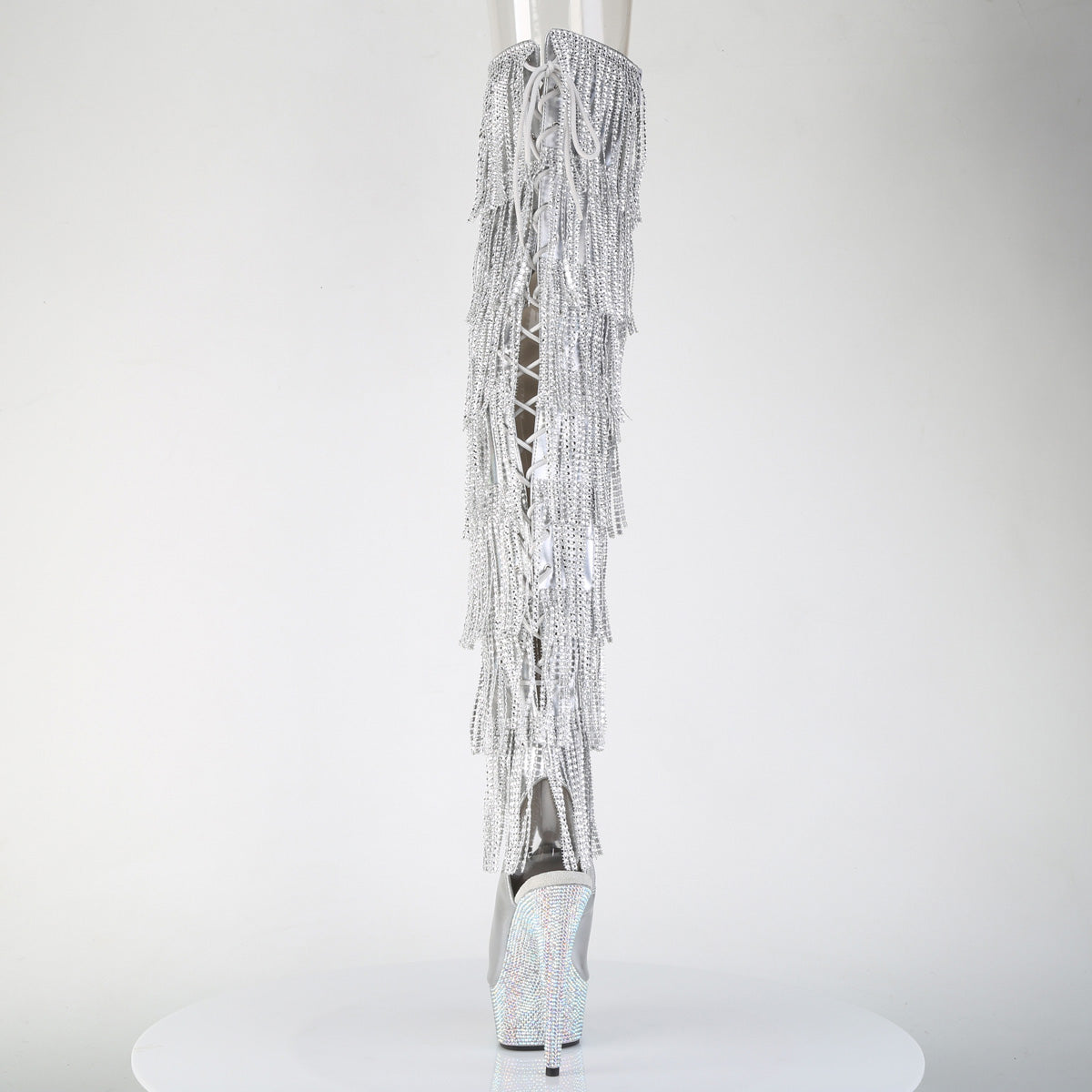 Pleaser 6 inch silver hologram rhinestone fringe lace-up platform thigh high boot, back view of the heel