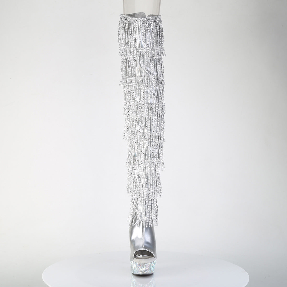 Pleaser 6 inch silver hologram rhinestone fringe lace-up platform thigh high boot, front view