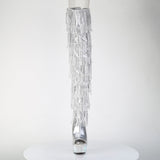 Pleaser 6 inch silver hologram rhinestone fringe lace-up platform thigh high boot, front view