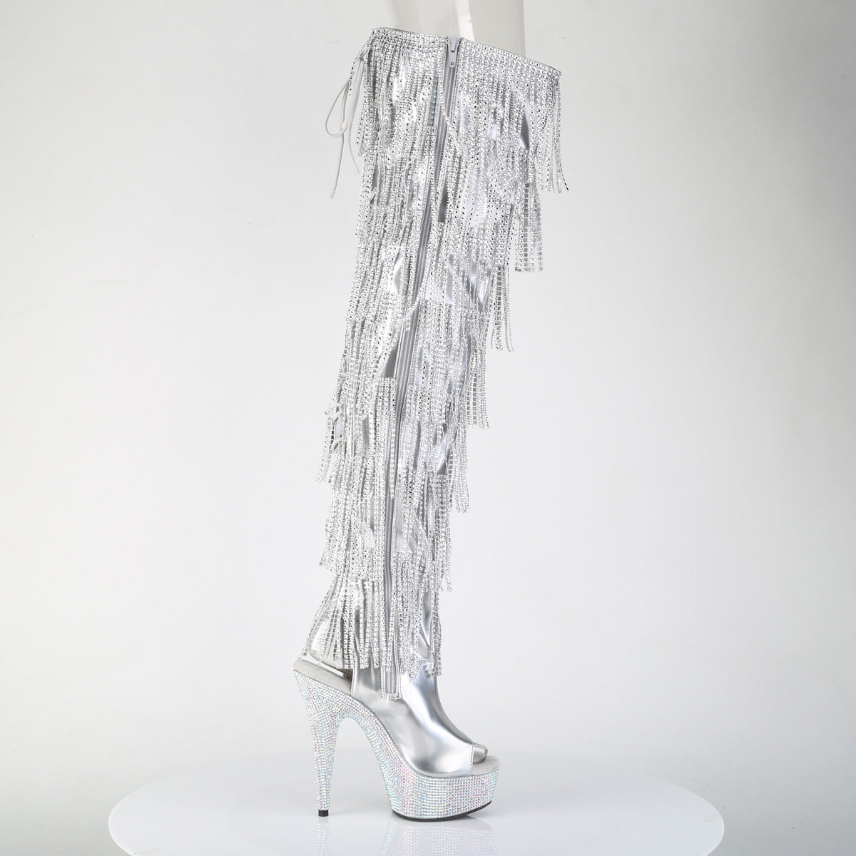 Pleaser 6 inch silver hologram rhinestone fringe lace-up platform thigh high boot, inside view