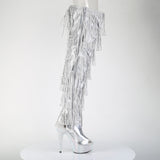Pleaser 6 inch silver hologram rhinestone fringe lace-up platform thigh high boot, inside view