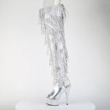 Pleaser 6 inch silver hologram rhinestone fringe lace-up platform thigh high boot, side view of the rhinestone platform and heel