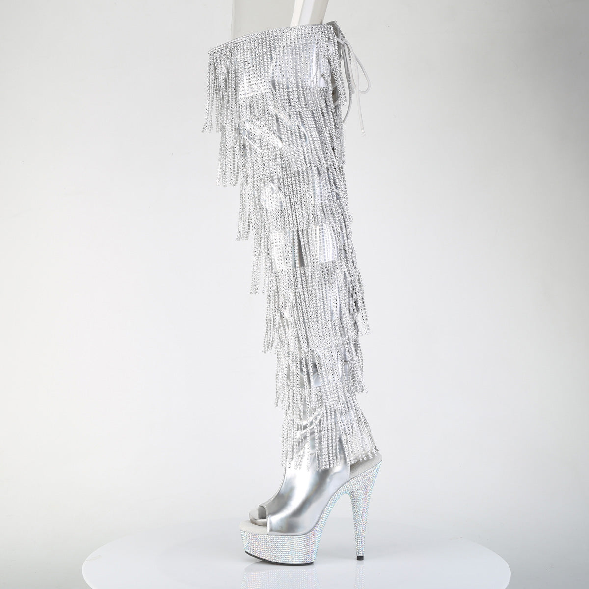 Pleaser 6 inch silver hologram rhinestone fringe lace-up platform thigh high boot, side view of the rhinestone platform and heel