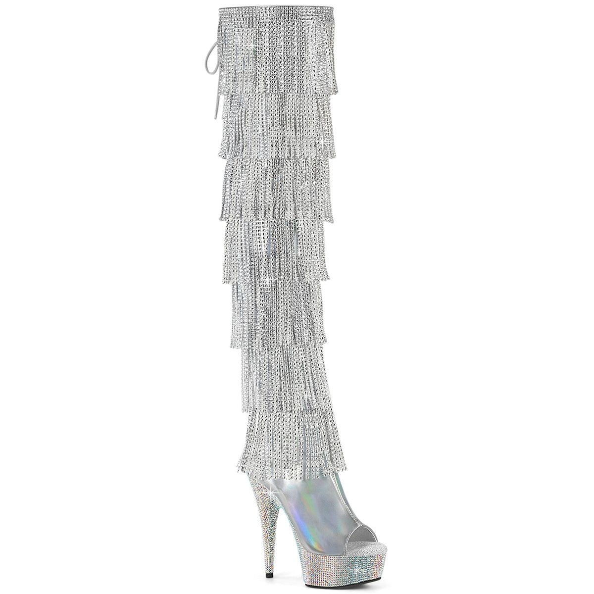 Pleaser 6 inch silver hologram rhinestone fringe lace-up platform thigh high boot, three-quarter view on white