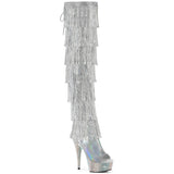 Pleaser 6 inch silver hologram rhinestone fringe lace-up platform thigh high boot, three-quarter view on white