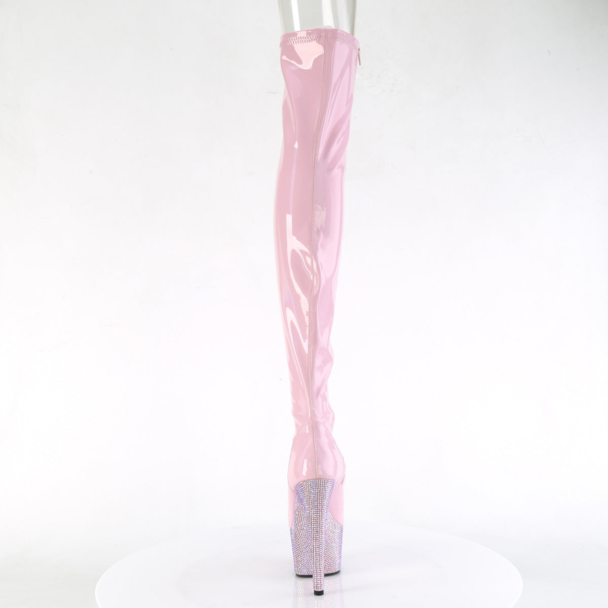 Pleaser 7 inch baby pink hologram rhinestone peep toe platform thigh high boot, back view of the heel
