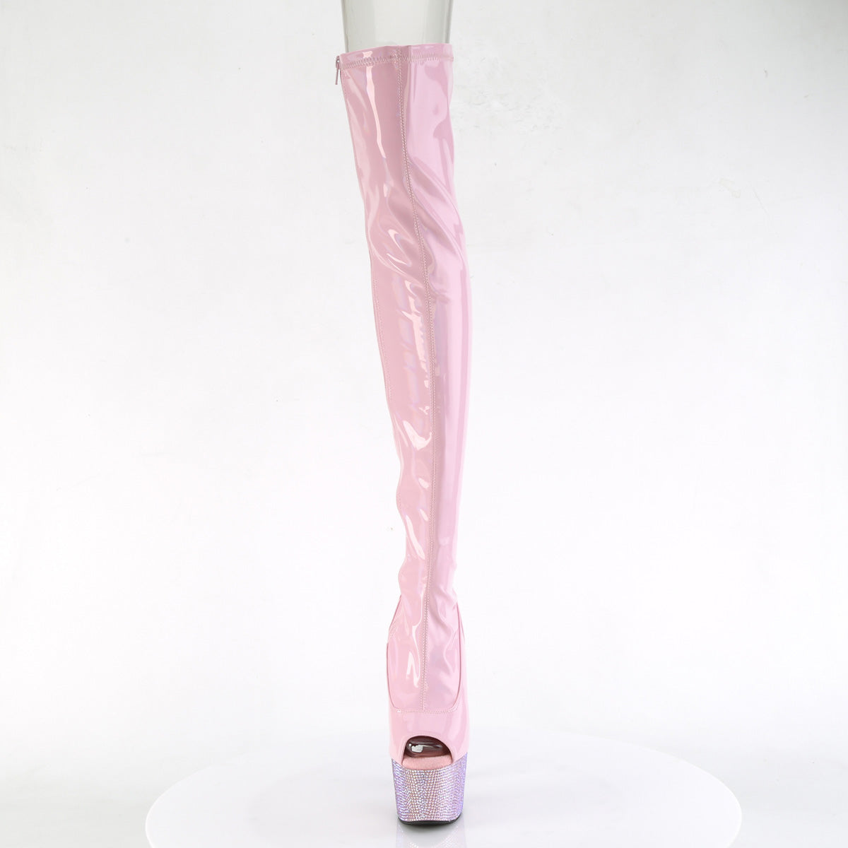 Pleaser 7 inch baby pink hologram rhinestone peep toe platform thigh high boot, front view